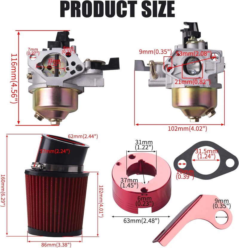 MRELC Upgrade Carburetor Air Filter Adapter Pipe Jet Stage 2 Kit for Predator 301cc 420cc 13hp 15hp GX340 GX390 389cc Mini Bike Parts(Red) - Image 4